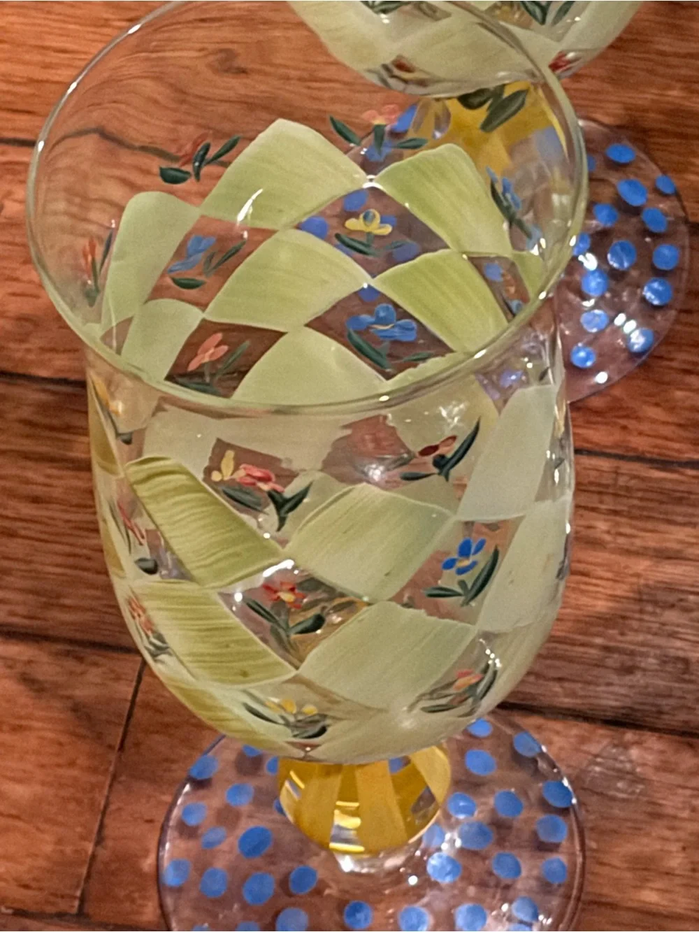 11 Glass Goblets Hand Painted Blue & light Green Checkered With Petal Flowers